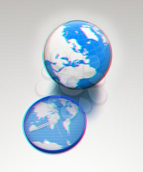 Clock of world map and earth on metallic background. 3D illustration. Anaglyph. View with red/cyan glasses to see in 3D.