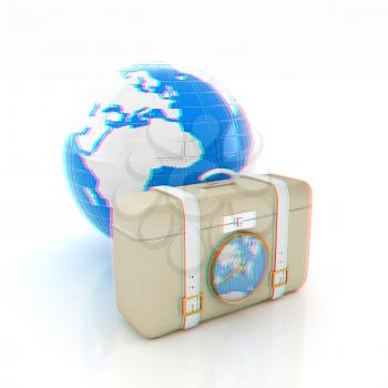Suitcase for travel end Earth. 3D illustration. Anaglyph. View with red/cyan glasses to see in 3D.
