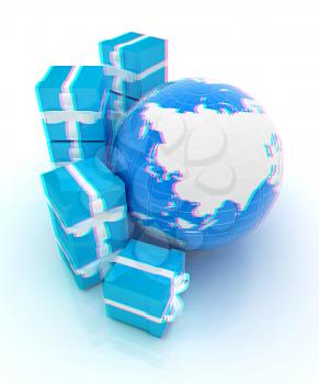 Traditional Christmas gifts and earth on a white background. Global holiday concept . 3D illustration. Anaglyph. View with red/cyan glasses to see in 3D.