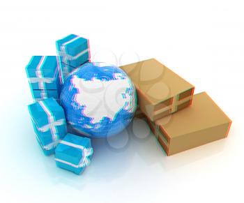 Cardboard boxes, gifts and earth on a white background. 3D illustration. Anaglyph. View with red/cyan glasses to see in 3D.