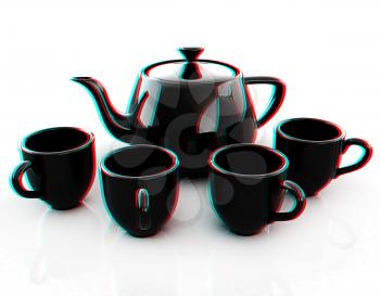 black teapot and cups. 3D illustration. Anaglyph. View with red/cyan glasses to see in 3D.