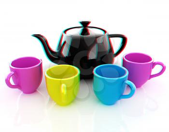colorfall cups and teapot. 3D illustration. Anaglyph. View with red/cyan glasses to see in 3D.