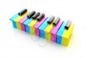 Colorfull piano keys on a white background . 3D illustration. Anaglyph. View with red/cyan glasses to see in 3D.