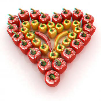 Bulgarian Pepper Heart Shape, On White Background. 3D illustration. Anaglyph. View with red/cyan glasses to see in 3D.
