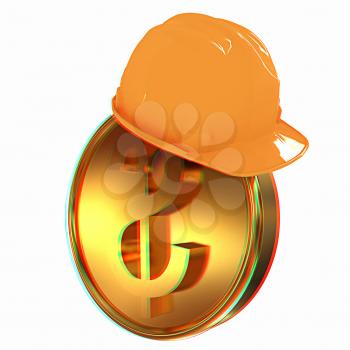 Hard hat on gold dollar coin. 3D illustration. Anaglyph. View with red/cyan glasses to see in 3D.