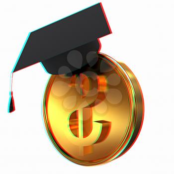 Graduation hat on gold dollar coin. 3D illustration. Anaglyph. View with red/cyan glasses to see in 3D.