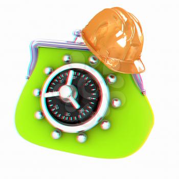 hard hat on purse safe. 3D illustration. Anaglyph. View with red/cyan glasses to see in 3D.