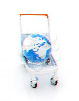Trolley for luggage at the airport and earth. International tourism concept. 3D illustration. Anaglyph. View with red/cyan glasses to see in 3D.