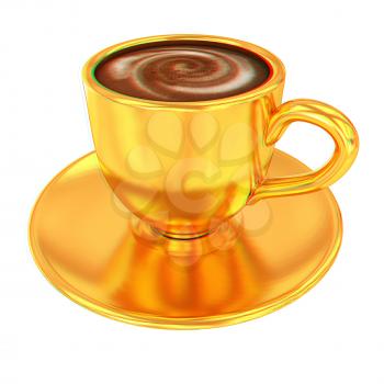 Gold coffee cup on saucer on a white background . 3D illustration. Anaglyph. View with red/cyan glasses to see in 3D.