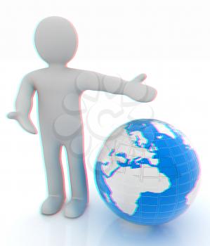 3d people - man, person presenting - pointing. Global concept with earth. 3D illustration. Anaglyph. View with red/cyan glasses to see in 3D.
