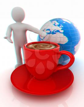 3d people - man, person presenting - Mug of coffee with milk. Global concept with Earth. 3D illustration. Anaglyph. View with red/cyan glasses to see in 3D.