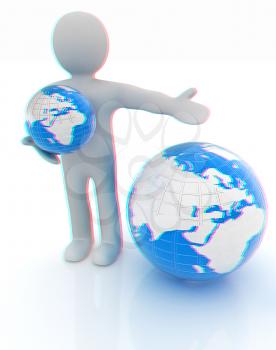 3d people - man, person presenting - pointing. Global concept with earth. 3D illustration. Anaglyph. View with red/cyan glasses to see in 3D.