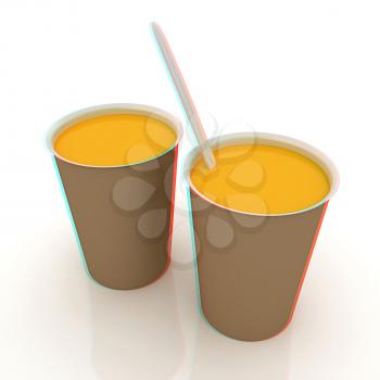 Orange juice in a fast food dishes. 3D illustration. Anaglyph. View with red/cyan glasses to see in 3D.