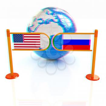 Three-dimensional image of the turnstile and flags of USA and Russia on a white background . 3D illustration. Anaglyph. View with red/cyan glasses to see in 3D.