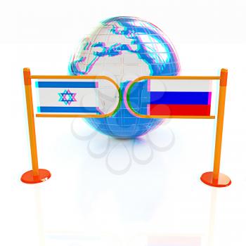 Three-dimensional image of the turnstile and flags of Russia and Israel on a white background . 3D illustration. Anaglyph. View with red/cyan glasses to see in 3D.