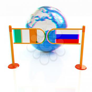 Three-dimensional image of the turnstile and flags of Ireland and Russia on a white background . 3D illustration. Anaglyph. View with red/cyan glasses to see in 3D.