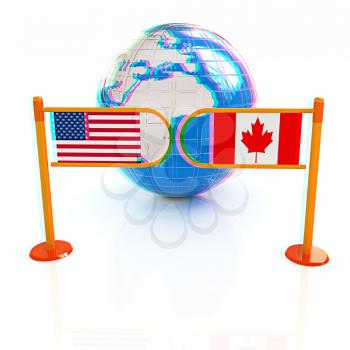 Three-dimensional image of the turnstile and flags of USA and Canada on a white background . 3D illustration. Anaglyph. View with red/cyan glasses to see in 3D.