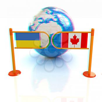 Three-dimensional image of the turnstile and flags of Canada and Ukraine on a white background . 3D illustration. Anaglyph. View with red/cyan glasses to see in 3D.
