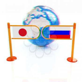 Three-dimensional image of the turnstile and flags of Japanese and Russia on a white background . 3D illustration. Anaglyph. View with red/cyan glasses to see in 3D.