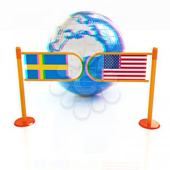 Three-dimensional image of the turnstile and flags of USA and Sweden on a white background . 3D illustration. Anaglyph. View with red/cyan glasses to see in 3D.