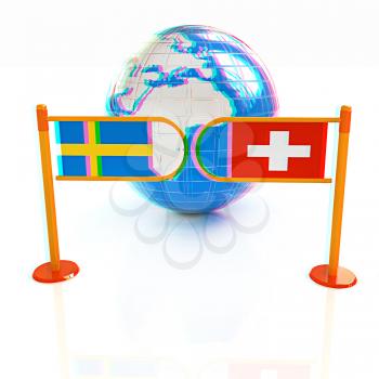 Three-dimensional image of the turnstile and flags of Switzerland and Sweden on a white background . 3D illustration. Anaglyph. View with red/cyan glasses to see in 3D.