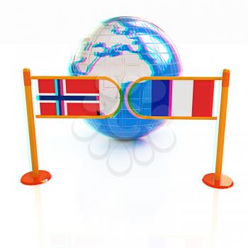 Three-dimensional image of the turnstile and flags of France and Norway on a white background . 3D illustration. Anaglyph. View with red/cyan glasses to see in 3D.