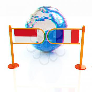 Three-dimensional image of the turnstile and flags of France and Monaco on a white background . 3D illustration. Anaglyph. View with red/cyan glasses to see in 3D.