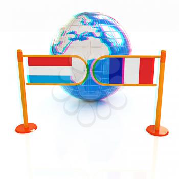 Three-dimensional image of the turnstile and flags of France and Luxembourg on a white background . 3D illustration. Anaglyph. View with red/cyan glasses to see in 3D.
