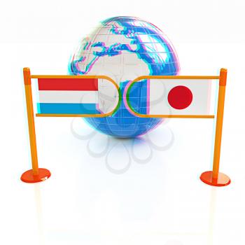 Three-dimensional image of the turnstile and flags of Japan and Luxembourg on a white background . 3D illustration. Anaglyph. View with red/cyan glasses to see in 3D.