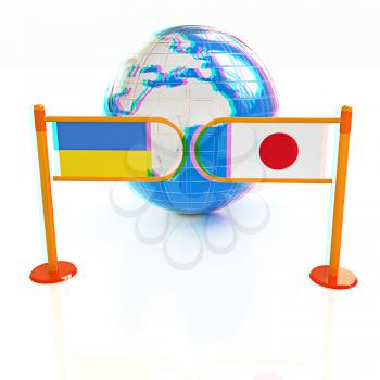 Three-dimensional image of the turnstile and flags of Japan and Ukraine on a white background . 3D illustration. Anaglyph. View with red/cyan glasses to see in 3D.