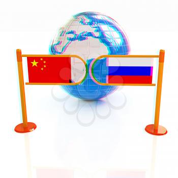 Three-dimensional image of the turnstile and flags of China and Russia on a white background . 3D illustration. Anaglyph. View with red/cyan glasses to see in 3D.