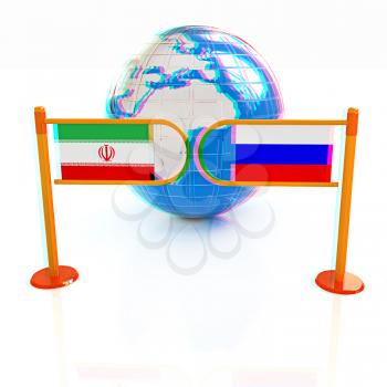 Three-dimensional image of the turnstile and flags of Russia and Iran on a white background . 3D illustration. Anaglyph. View with red/cyan glasses to see in 3D.