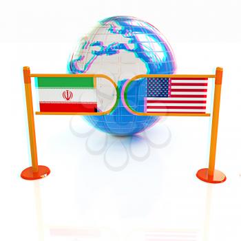 Three-dimensional image of the turnstile and flags of USA and Iran on a white background . 3D illustration. Anaglyph. View with red/cyan glasses to see in 3D.