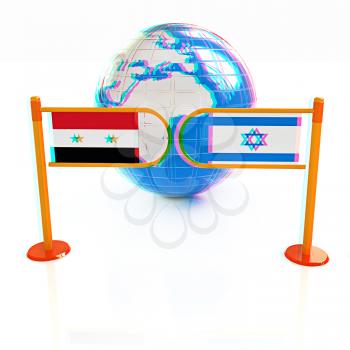 Three-dimensional image of the turnstile and flags of Israel and Syria on a white background . 3D illustration. Anaglyph. View with red/cyan glasses to see in 3D.