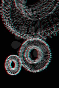 Gear set on black background . 3D illustration. Anaglyph. View with red/cyan glasses to see in 3D.