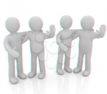 Friends standing next to an embrace and raised one's hand for greeting. 3d image. Isolated white background. . 3D illustration. Anaglyph. View with red/cyan glasses to see in 3D.