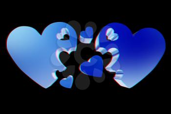 3d hearts family concept. 3D illustration. Anaglyph. View with red/cyan glasses to see in 3D.