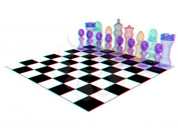 Chessboard with chess pieces. 3D illustration. Anaglyph. View with red/cyan glasses to see in 3D.