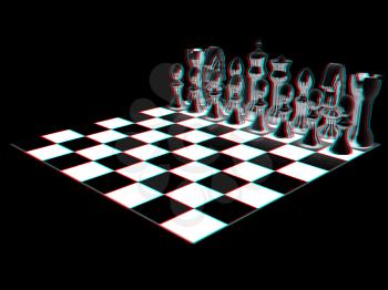 Chessboard with chess pieces. 3D illustration. Anaglyph. View with red/cyan glasses to see in 3D.