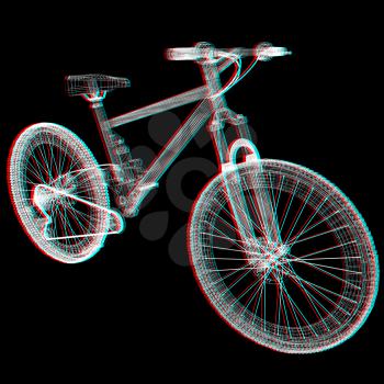 bicycle as a 3d wire frame object isolated. 3D illustration. Anaglyph. View with red/cyan glasses to see in 3D.