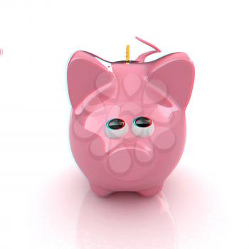 Piggy bank with gold coin on white. 3D illustration. Anaglyph. View with red/cyan glasses to see in 3D.