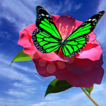 Beautiful Flower and butterfly against the sky . 3D illustration. Anaglyph. View with red/cyan glasses to see in 3D.