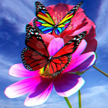 Beautiful Flower and butterfly against the sky . 3D illustration. Anaglyph. View with red/cyan glasses to see in 3D.