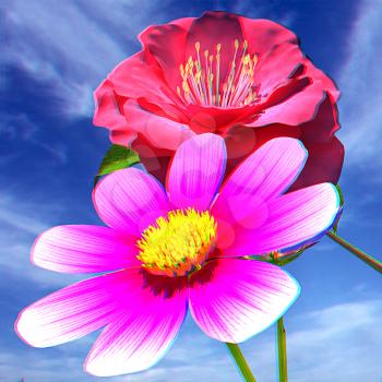 Beautiful Flower against the sky . 3D illustration. Anaglyph. View with red/cyan glasses to see in 3D.