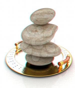 Spa stones on tray. 3D illustration. Anaglyph. View with red/cyan glasses to see in 3D.