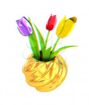 Tulips with leaf in vase. 3D illustration. Anaglyph. View with red/cyan glasses to see in 3D.