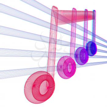 3D music note on staves. 3D illustration. Anaglyph. View with red/cyan glasses to see in 3D.