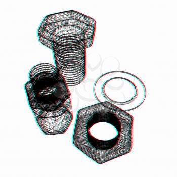 bolts with a nuts and washers. 3D illustration. Anaglyph. View with red/cyan glasses to see in 3D.