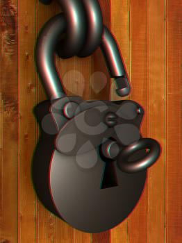 Old padlock on a wooden door. 3D illustration. Anaglyph. View with red/cyan glasses to see in 3D.