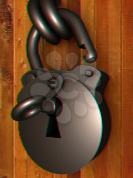 Old padlock on a wooden door. 3D illustration. Anaglyph. View with red/cyan glasses to see in 3D.